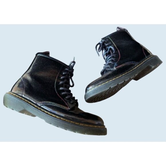 Dr Martens Youth Kids Black Combat Boots Rainbow Metallic Seams Size 3 - Picture 2 of 8